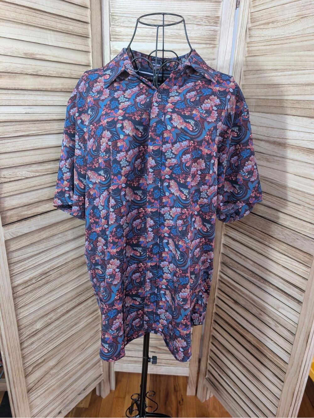 DENIM & FLOWER Ricky Singh Men’s Short Sleeve Button Down Navy Floral Shirt XL